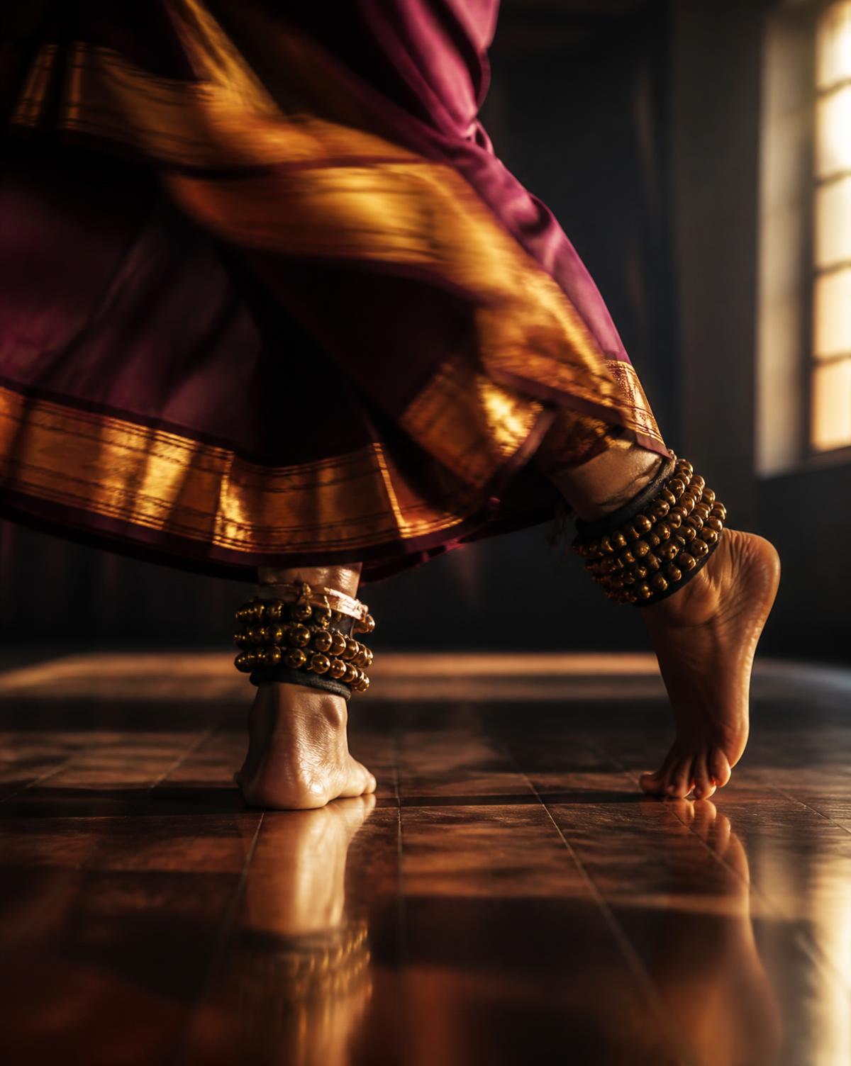 Ghungroo anklets on a dancer's feet mid-step